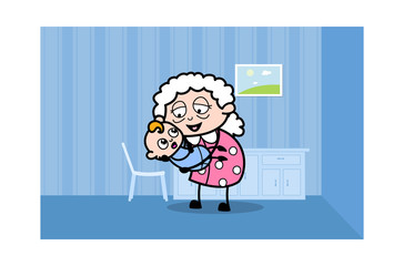 Grand Mother Playing with Baby Kid - Old Woman Cartoon Granny Vector Illustration