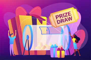 Lucky tiny people turning raffle drum with tickets and winning prize gift boxes. Prize draw, online random draw, promotional marketing concept. Bright vibrant violet vector isolated illustration