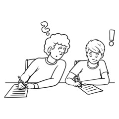 Vector cartoon illustration of two guys sitting next to each other at a school test. one looks new-wise and writes with his neighbor. black white, outline, test, exam, isolated.