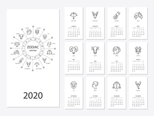 Calendar 2020 with horoscope signs zodiac symbols set