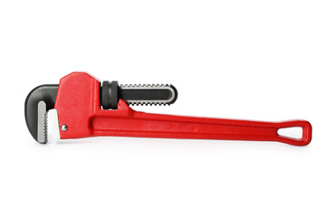 New pipe wrench on white background. Construction tool