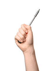 Man holding screwdriver isolated on white, closeup