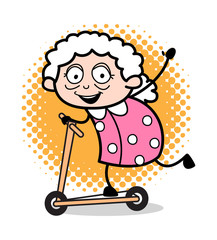 Playing with Scooter - Old Woman Cartoon Granny Vector Illustration