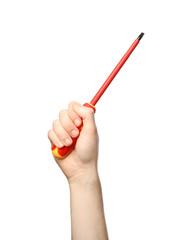 Man holding screwdriver isolated on white, closeup