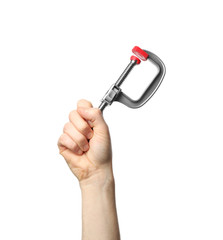 Man holding clamp isolated on white, closeup