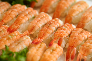 Boiled shrimp sushi at buffet 