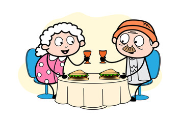 Having Dinner Party - Old Woman Cartoon Granny Vector Illustration