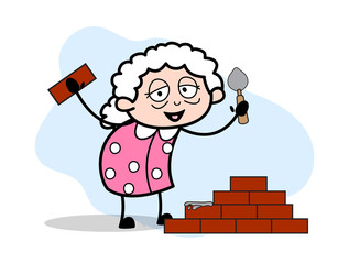 Old Lady Building a Wall - Old Woman Cartoon Granny Vector Illustration