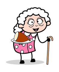 Presenting Non-Veg Food - Old Woman Cartoon Granny Vector Illustration