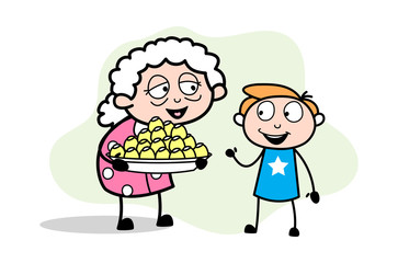 Presenting Sweets - Old Woman Cartoon Granny Vector Illustration