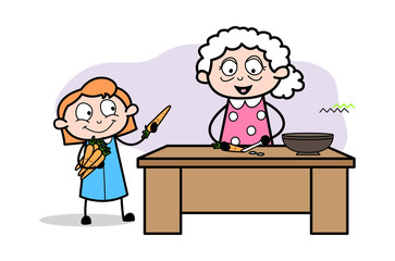 Teaching - How to Prapare Food - Old Woman Cartoon Granny Vector Illustration