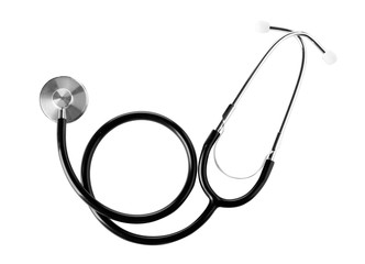 Stethoscope on white background, top view. Medical device