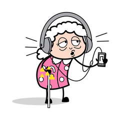 Listening Music - Old Woman Cartoon Granny Vector Illustration
