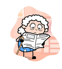 Reading Newspaper - Old Woman Cartoon Granny Vector Illustration