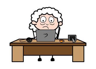 Working on Laptop - Old Woman Cartoon Granny Vector Illustration