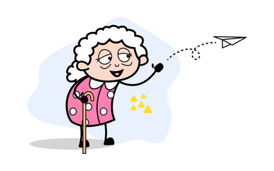 Floating Paper Plane - Old Woman Cartoon Granny Vector Illustration