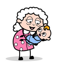 Old Lady Playing with Baby - Old Woman Cartoon Granny Vector Illustration