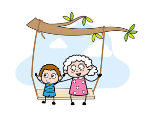 Swinging with Kid - Old Woman Cartoon Granny Vector Illustration
