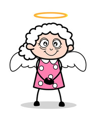 In Angel Costume - Old Woman Cartoon Granny Vector Illustration