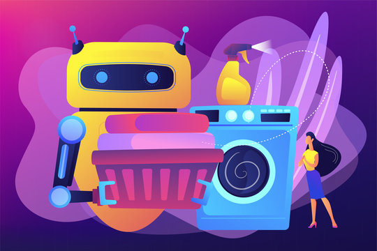 Robot Holding Basket With Laundry And Washing Clothes In Washing Machine. Home Robot Technology, Real Life Robots, Personal Domestic Robots Concept. Bright Vibrant Violet Vector Isolated Illustration