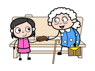 Grandma Giving Item to Her Grand Daughter - Old Woman Cartoon Granny Vector Illustration