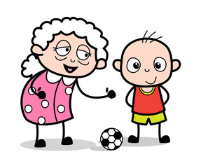 Old Lady Playing with Kid - Old Woman Cartoon Granny Vector Illustration