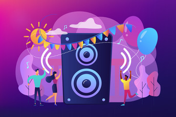 Young tiny people listening to music and dancing in city park at summer party. Open air party, open air event, outdoor dance event concept. Bright vibrant violet vector isolated illustration