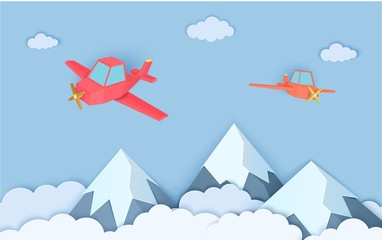 Mountains and two airplains in paper cut style. Landscape with clouds of three snow capped mountains and a flying red plain. Vector origami polygonal illustration.