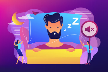 Businessman sleeping in bed and snoring, angry awake tiny people listening. Night snoring, sleep apnea syndrome, snoring and apnea treatment concept. Bright vibrant violet vector isolated illustration
