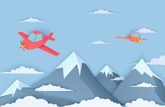 Mountains and two airplains in paper cut style. Landscape with clouds of three snow capped mountains and a flying red plain. Vector origami polygonal illustration.