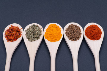 Collection of spices in wooden spoons (Saffron, Basil, Turmeric, Caraway seeds, Sweet Paprika) on dark background.