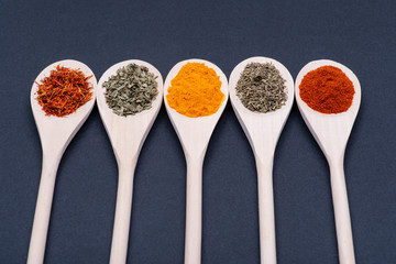 Collection of spices in wooden spoons (Saffron, Basil, Turmeric, Caraway seeds, Sweet Paprika) on dark background.
