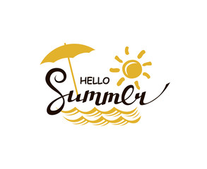 emblem of hello summer lettering with beach isolated on white background