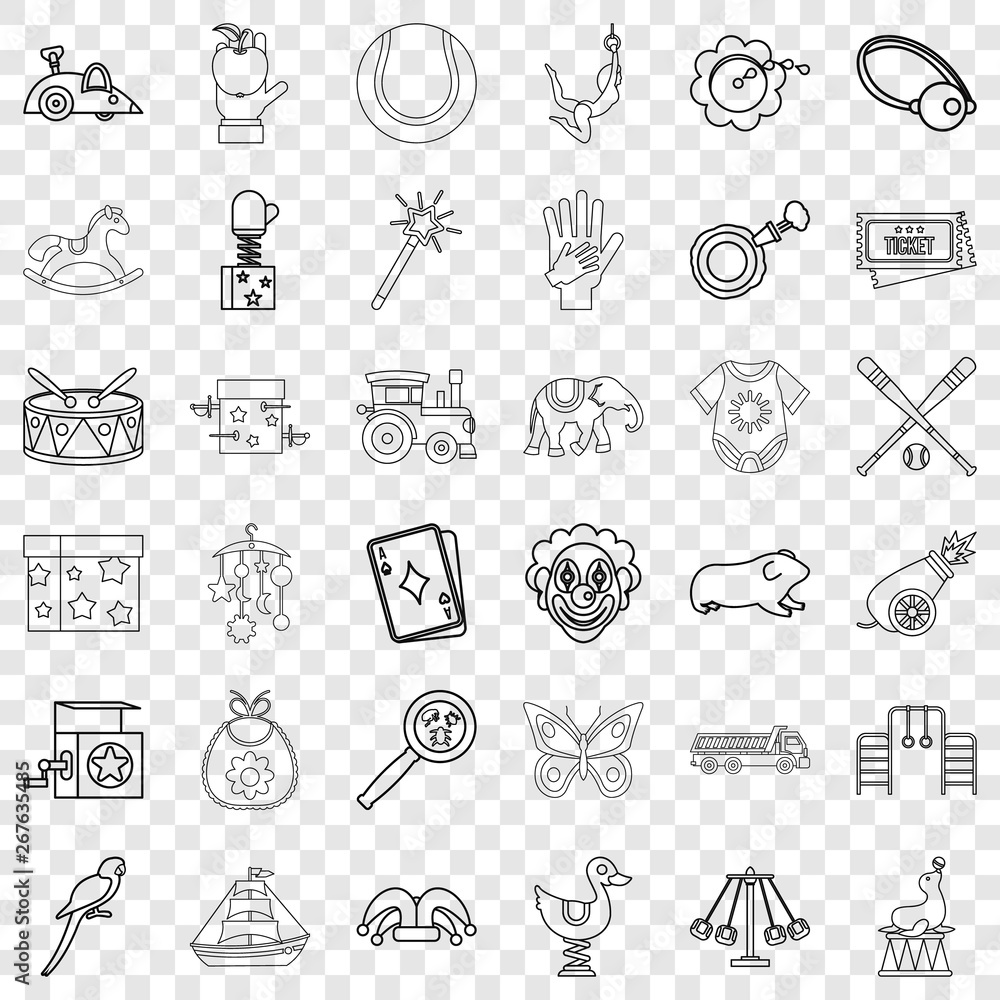 Poster toy icons set. outline style of 36 toy vector icons for web for any design