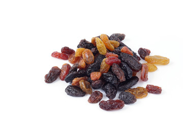 Raisins or Dried grapes mix color black, red, green isolated on white background