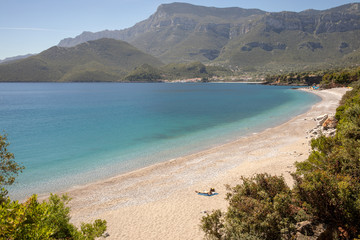 Amazing landscape of the Agia Kyriaki beach in the Kiparissi Lakonia village, Peloponnese, Zorakas Bay, Greece, May 2019.