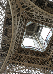 Bottom view of Detail of Truss of Eiffel Tower in Paris French