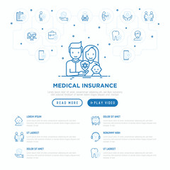 Fototapeta na wymiar Family medical insurance web page template. Thin line icons: policy, life insurance, psychological support, maternity program, 24/7 support, mobile app, telemedicine. Modern vector illustration.