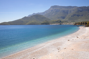 Amazing landscape of the Agia Kyriaki beach in the Kiparissi Lakonia village, Peloponnese, Zorakas Bay, Greece, May 2019.