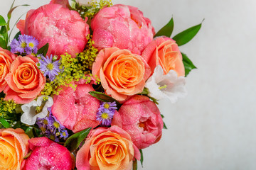 Bouquet of fresh pink peonies and roses. Card Concept, pastel colors, close up image