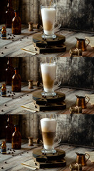 Collage with three same latte glasses with different stages of pouring latte, cappuccino, mocha stands on grey table