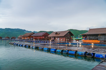 wooden floating raft house resort by mountain Kanchanaburi, Thailand