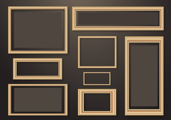 Collection of vector empty wooden frames for paintings or photographs on the wall. Different design.