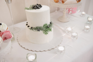 Big white wedding cake with fruit is on the table