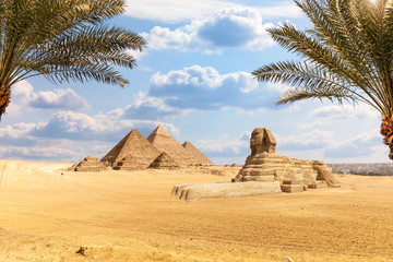 The Pyramids and the Sphinx in the  beautiful desert of Giza, Egypt