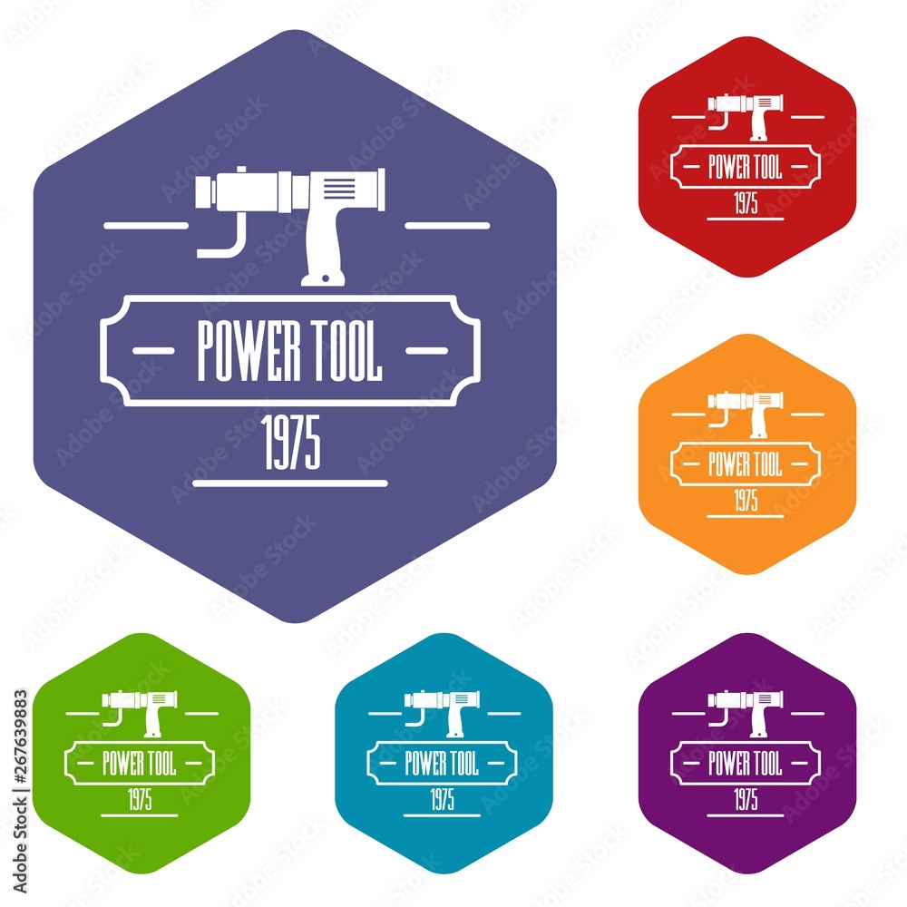 Poster power tool icons vector colorful hexahedron set collection isolated on white