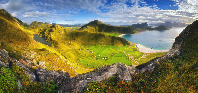 Haukland beach on Lofoten islands, Norway. View from the mountain Mannen.