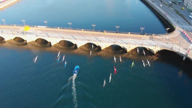 Canoe club down Lerez river in Pontevedra Spain