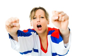Woman Hockey fan in jersey in national color of Russia cheer, celebrating goal.
