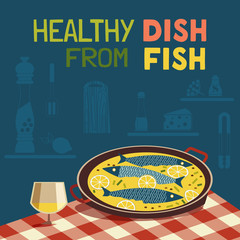 Flat hand drawn vector fish cooking typography poster